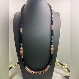 Running Bear Native American Copper Black Onyx & 925 Necklace 25” D17